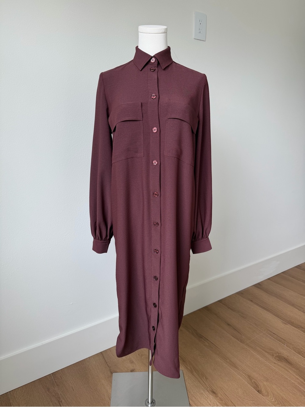 SAMSOE Long Button-Front Shirt Dress in Plum